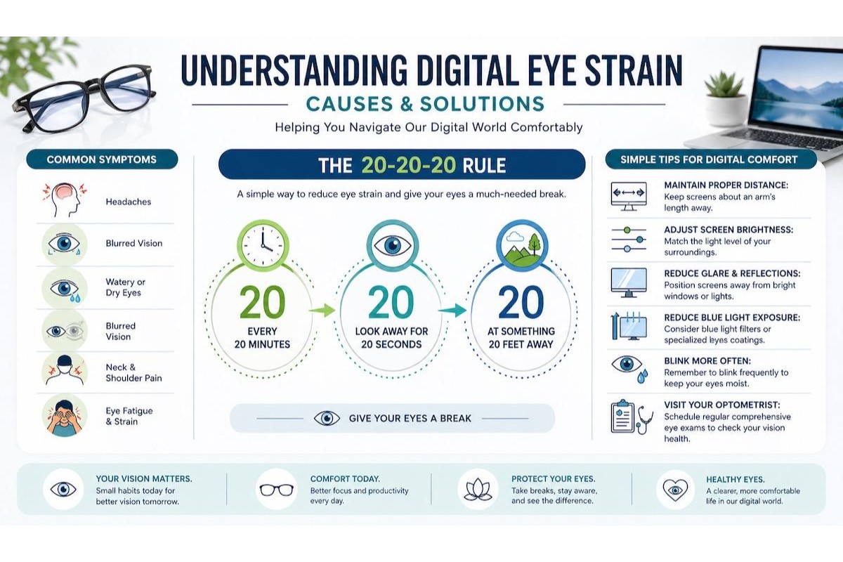 Understanding digital eye strain infographic showing symptoms and tips for comfort.