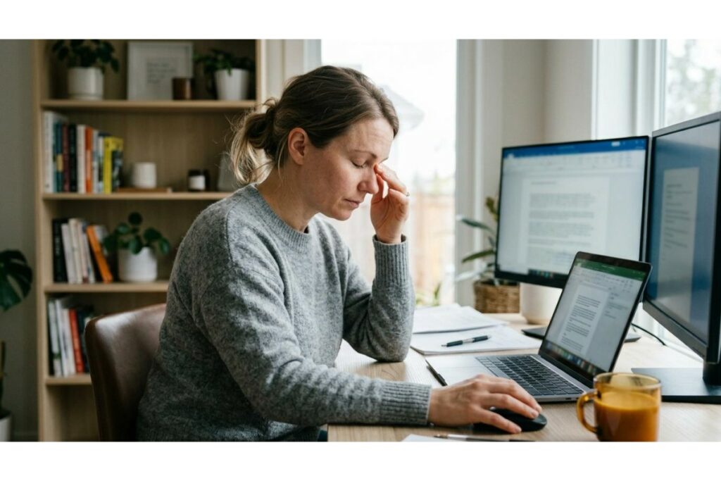 A woman sitting at a desk in a home office, looking tired and rubbing the bridge of her nose while working on a laptop and two external monitors, which suggests digital eye strain.