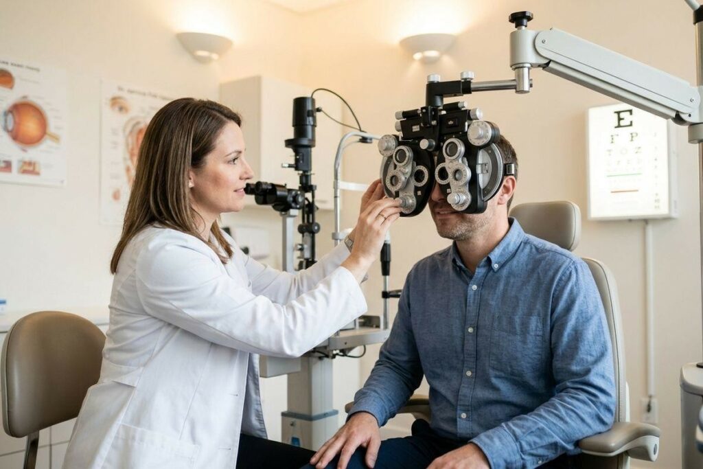 Optometrist using a phoropter to conduct an eye exam on a seated patient in a clinic with a Snellen chart visible.