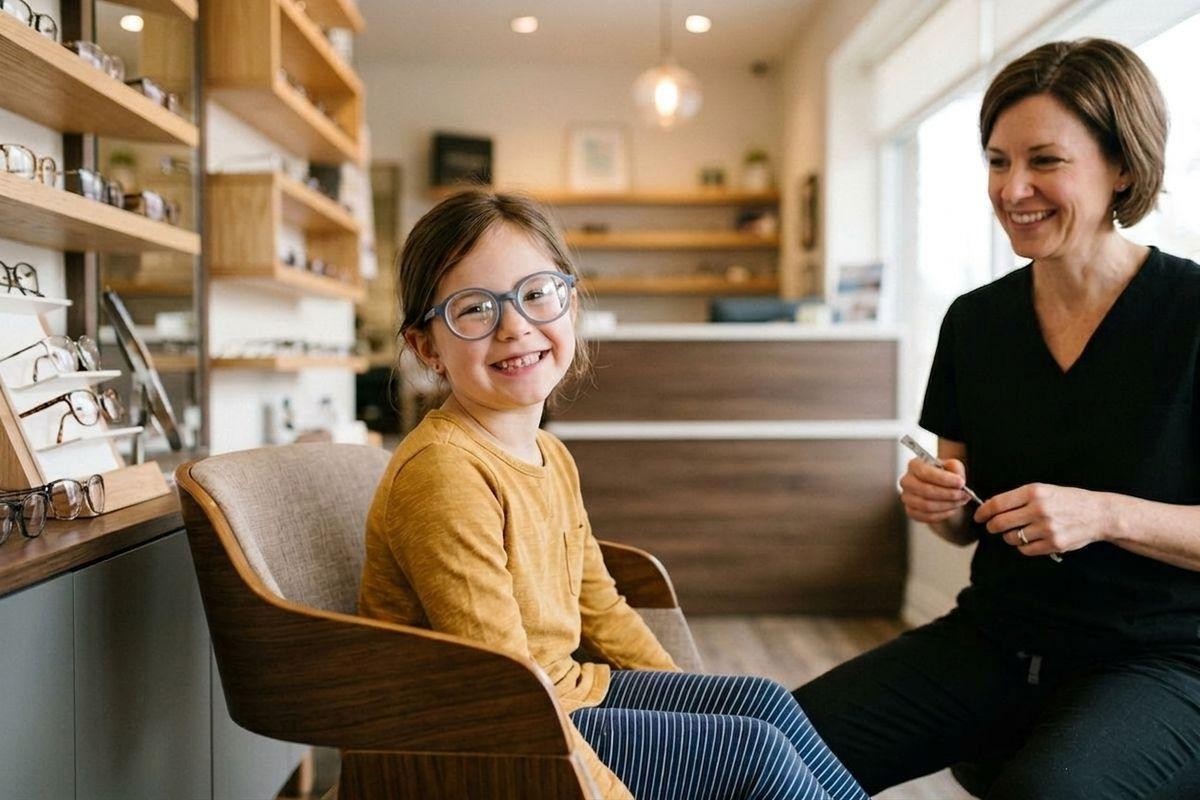 Smiling child wearing blue round glasses sits in a chair at an optical shop while a smiling adult holds a small tool nearby.