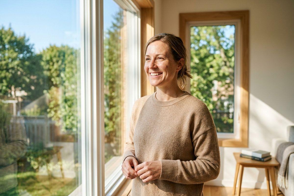 Person in a beige sweater standing by a large window, smiling and looking outside at sunlit trees.