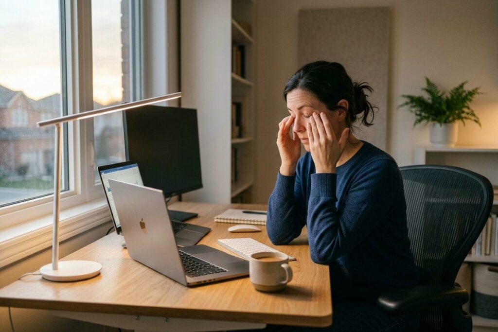 Person rubbing tired eyes at a desk with laptop, monitor, and coffee mug by a window at dusk.