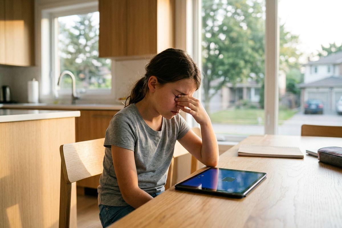 Child sitting at a kitchen table rubbing their eyes with a tablet in front of them, appearing tired or frustrated.