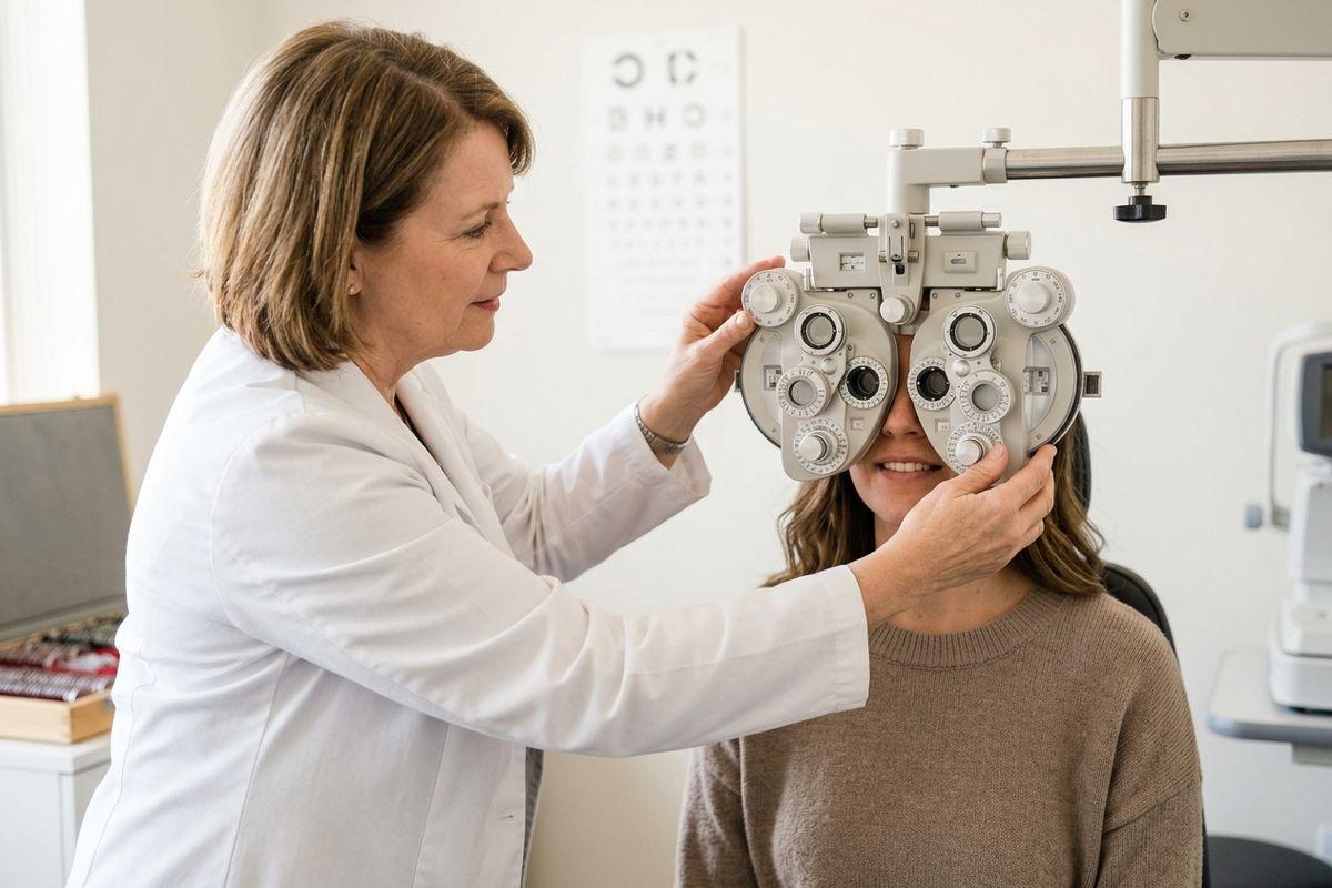 Optometrist positions a phoropter over a smiling patient's eyes during an exam, with an eye chart on the wall behind.