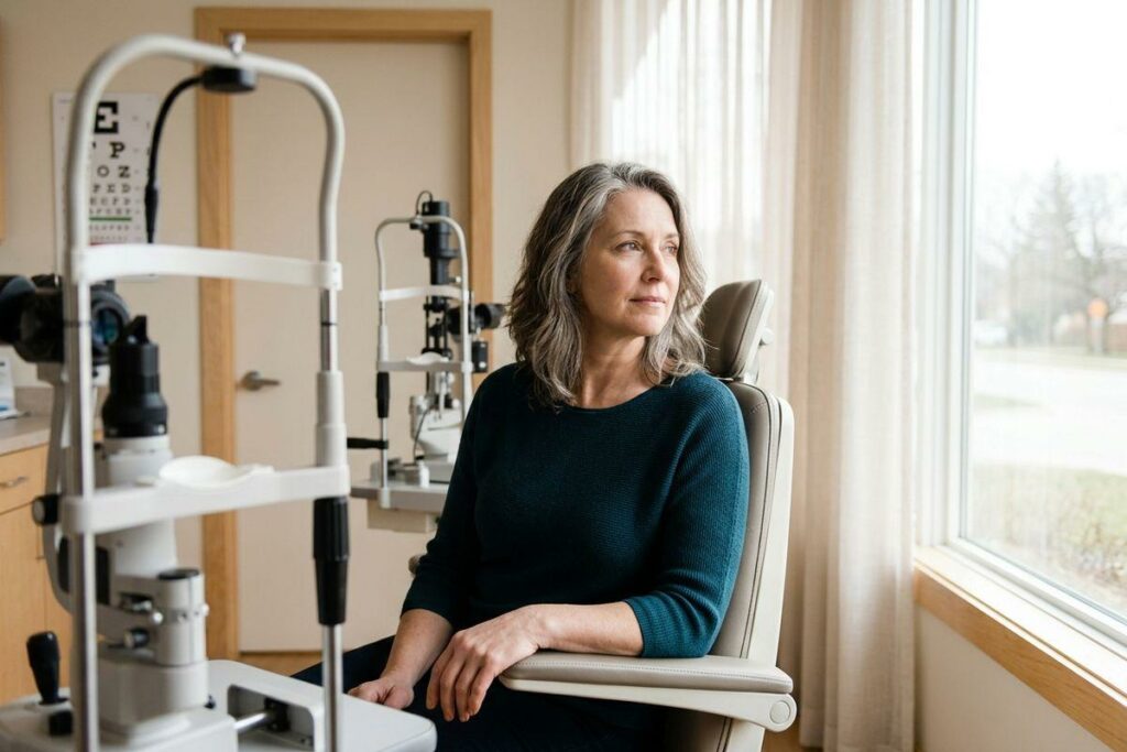 Person seated in exam chair beside eye-testing equipment, looking out a window, with an eye chart on the wall behind.