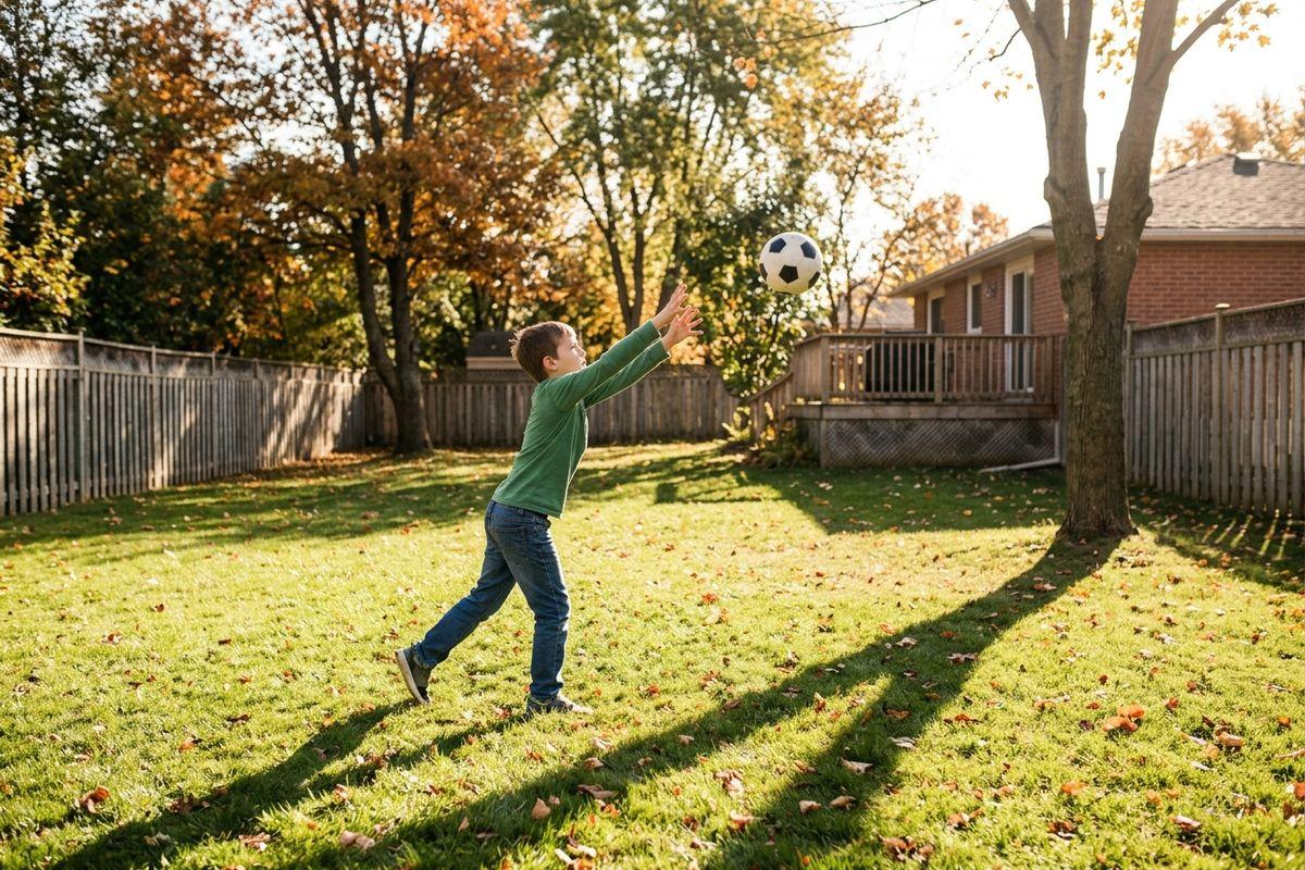 Child in a green shirt reaching to catch a soccer ball in a sunny backyard with autumn trees and fallen leaves.