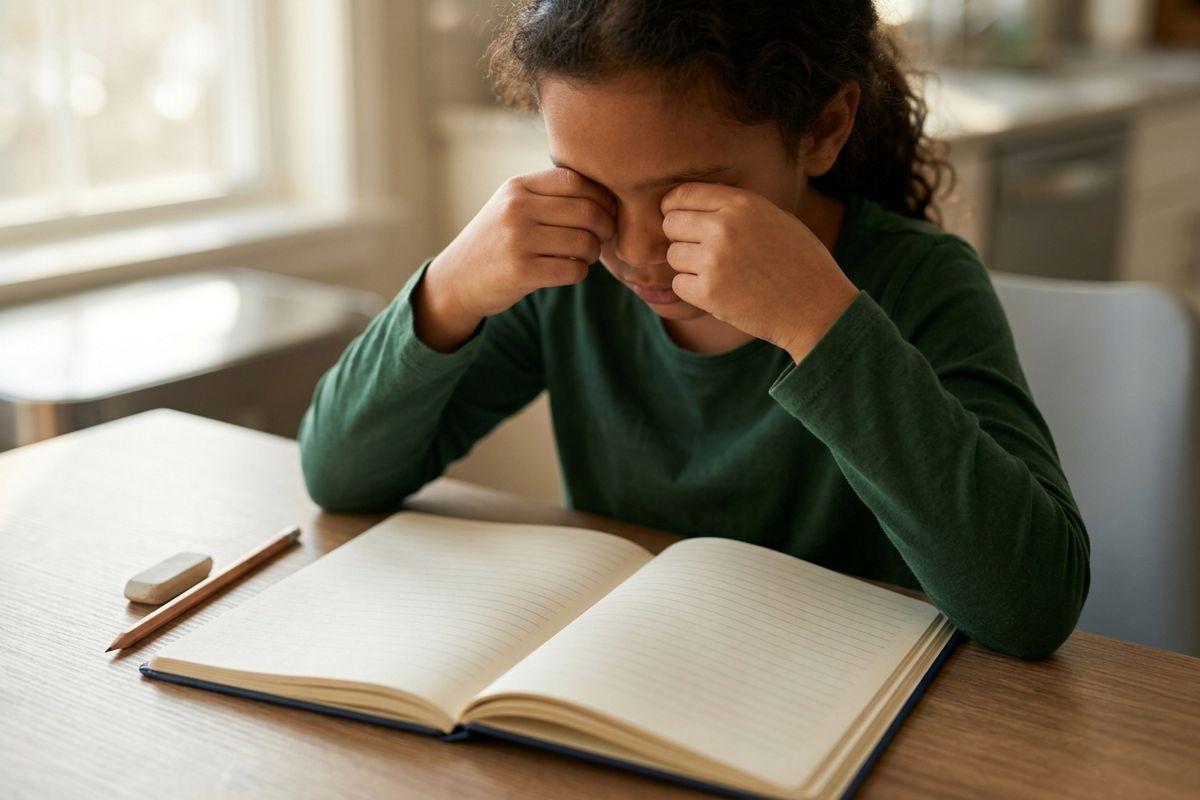 Child sitting at a desk rubbing both eyes with fists over an open notebook, with a pencil and eraser nearby.